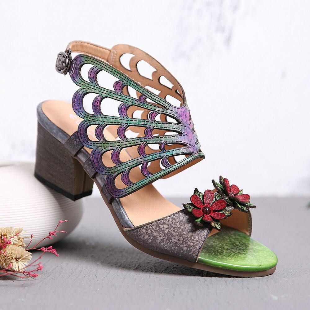 Ocofy Leder Blumen Ausschnitte Schmetterlingsflügel Schnalle Slingback Sandalen Mit Blockabsatz