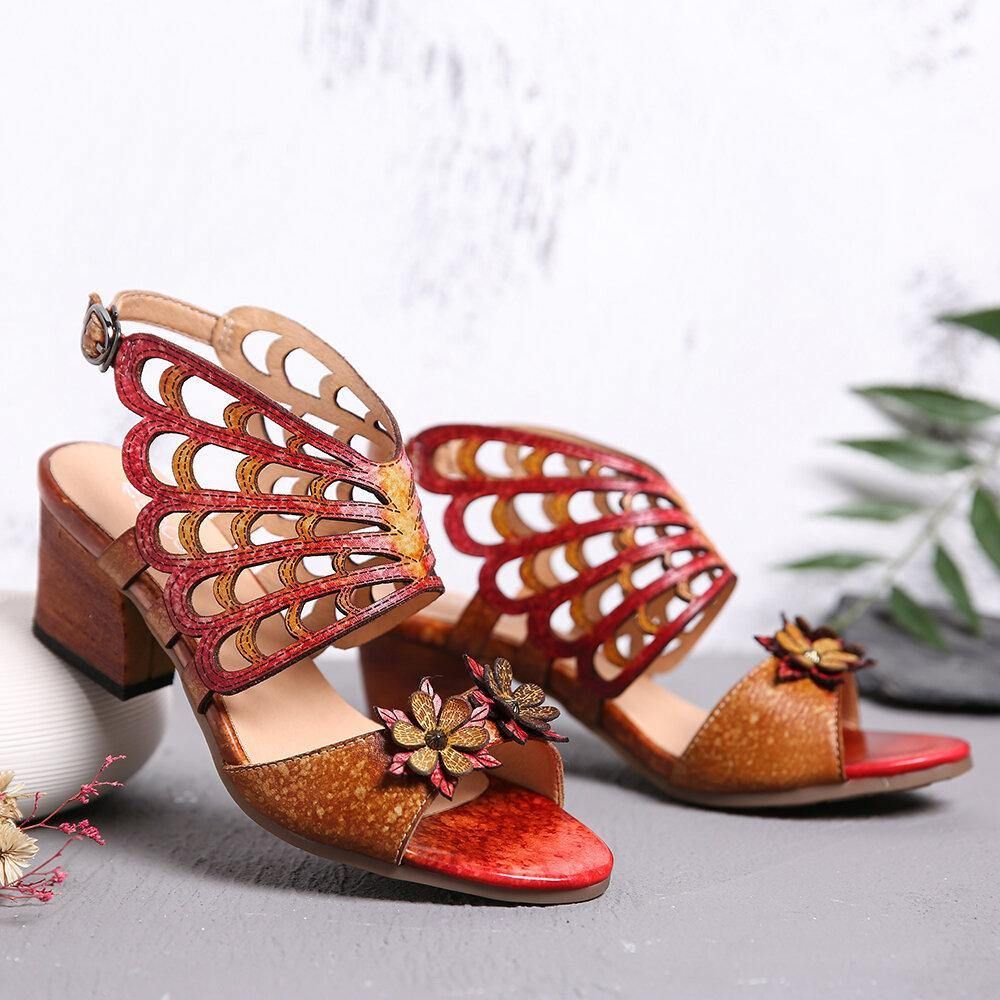 Ocofy Leder Blumen Ausschnitte Schmetterlingsflügel Schnalle Slingback Sandalen Mit Blockabsatz