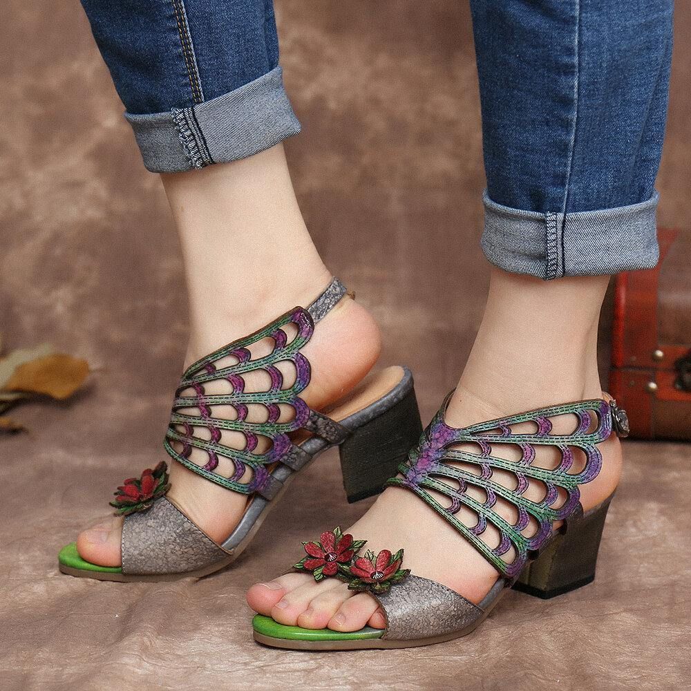 Ocofy Leder Blumen Ausschnitte Schmetterlingsflügel Schnalle Slingback Sandalen Mit Blockabsatz