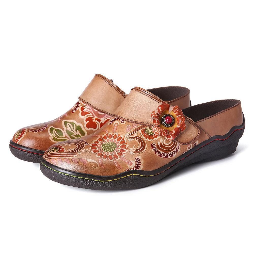 Super Bequeme Slip-On-Schuhe Aus Echtem Leder Mit Retro-Blumenprägung