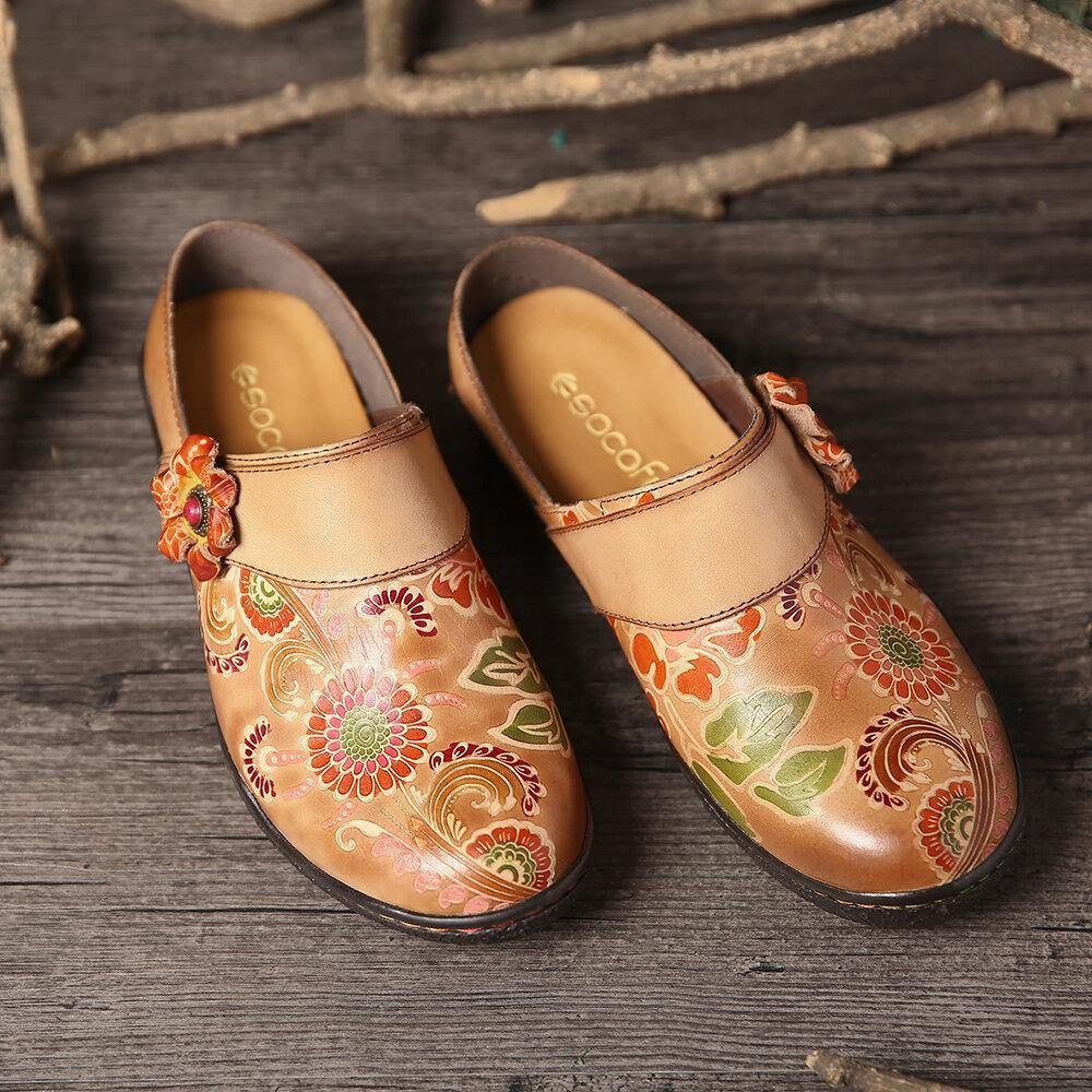 Super Bequeme Slip-On-Schuhe Aus Echtem Leder Mit Retro-Blumenprägung