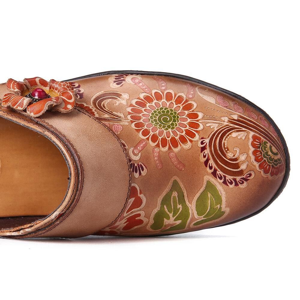 Super Bequeme Slip-On-Schuhe Aus Echtem Leder Mit Retro-Blumenprägung