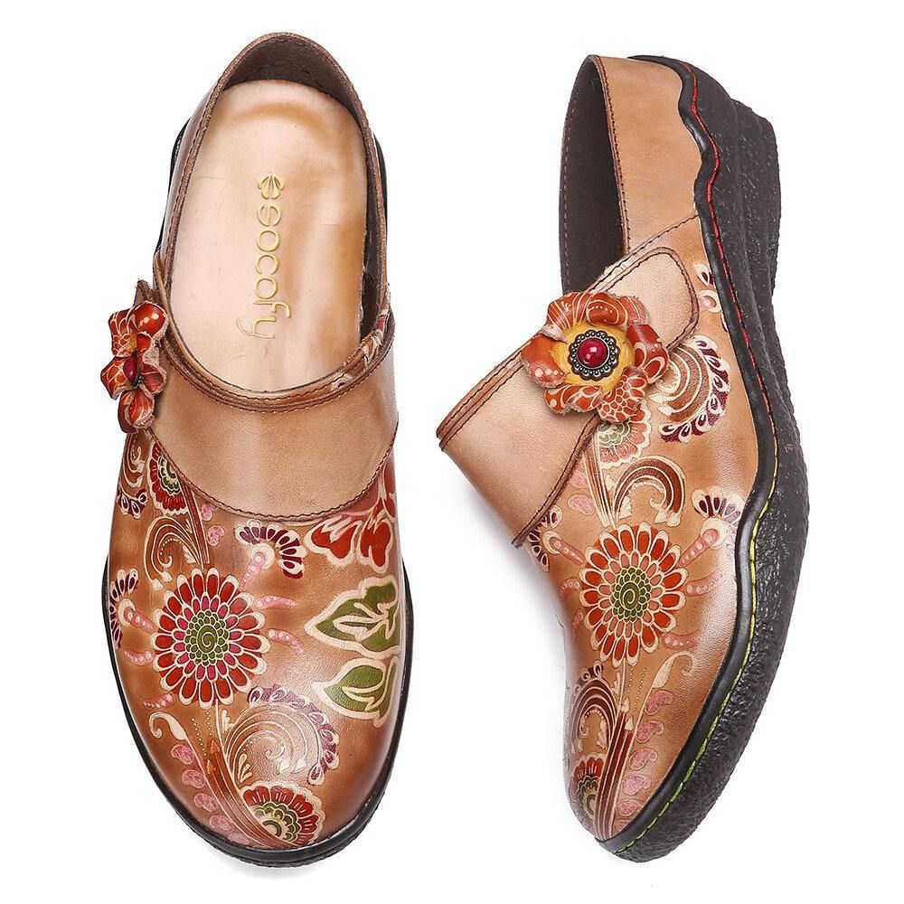 Super Bequeme Slip-On-Schuhe Aus Echtem Leder Mit Retro-Blumenprägung