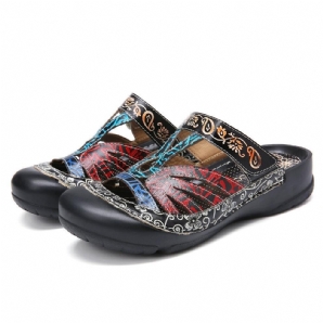 Vintage Leder Floral Ausschnitt Verstellbarer Riemen Slip Auf Pantoletten Clogs Flache Slides Sandalen