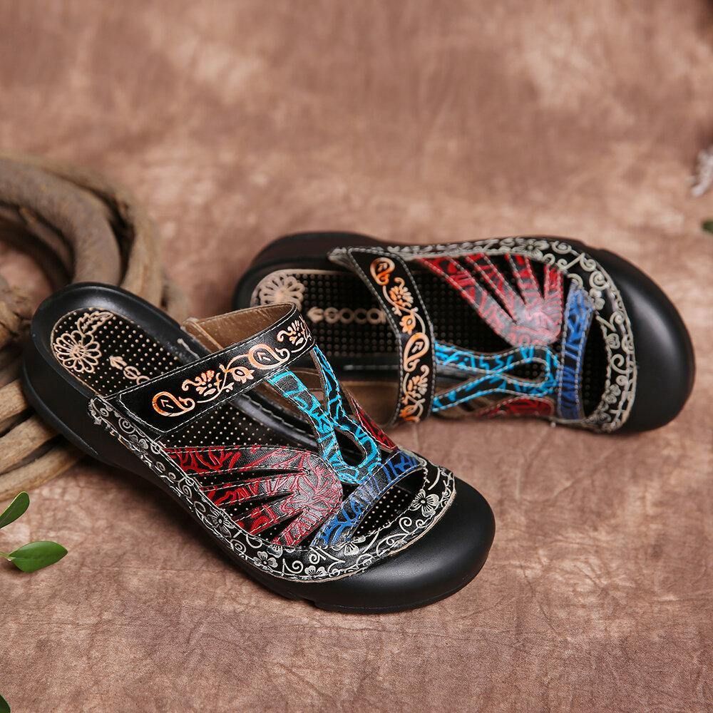 Vintage Leder Floral Ausschnitt Verstellbarer Riemen Slip Auf Pantoletten Clogs Flache Slides Sandalen