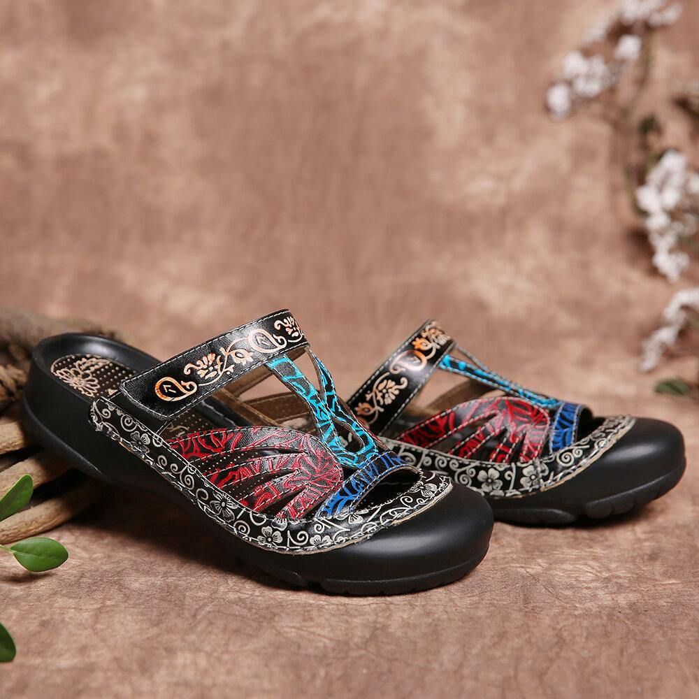 Vintage Leder Floral Ausschnitt Verstellbarer Riemen Slip Auf Pantoletten Clogs Flache Slides Sandalen