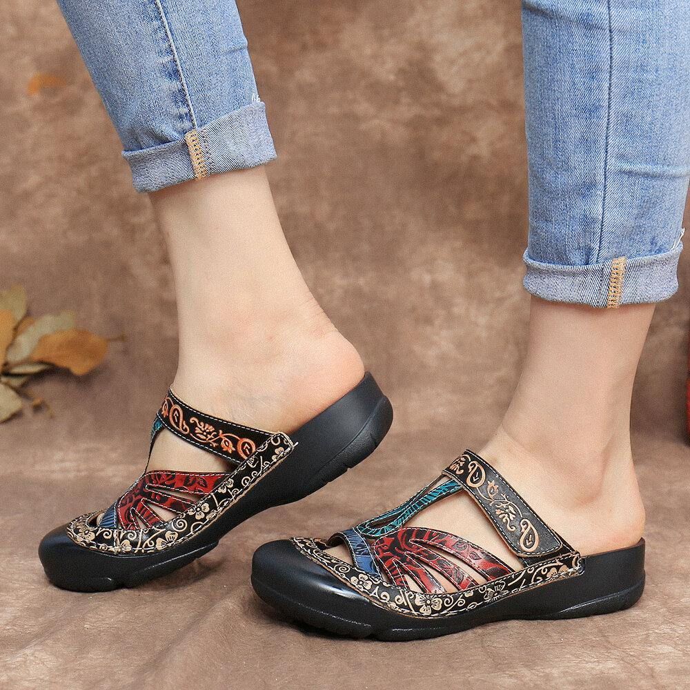 Vintage Leder Floral Ausschnitt Verstellbarer Riemen Slip Auf Pantoletten Clogs Flache Slides Sandalen