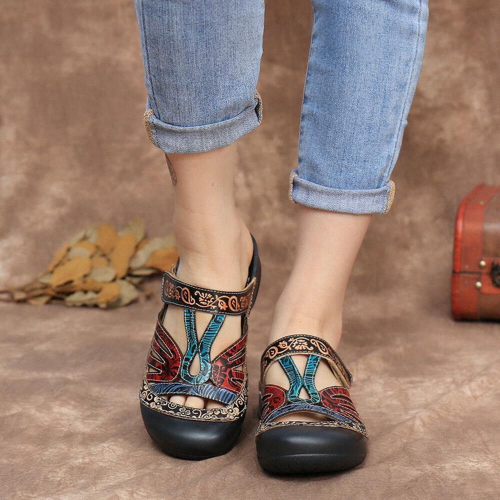 Vintage Leder Floral Ausschnitt Verstellbarer Riemen Slip Auf Pantoletten Clogs Flache Slides Sandalen