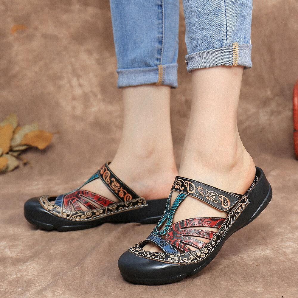 Vintage Leder Floral Ausschnitt Verstellbarer Riemen Slip Auf Pantoletten Clogs Flache Slides Sandalen