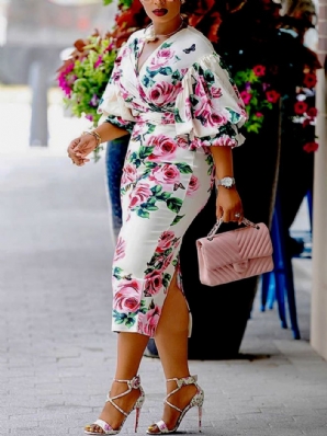 Elegantes Midikleid Mit Blumenmuster In Normaler Passform Und Laternenärmeln