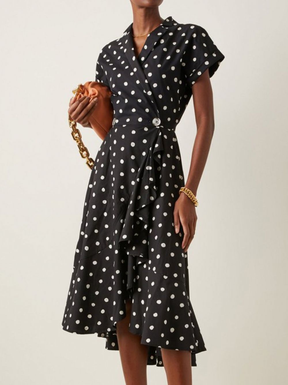 Elegantes Polka Dots Revers Date Kurzarmkleid