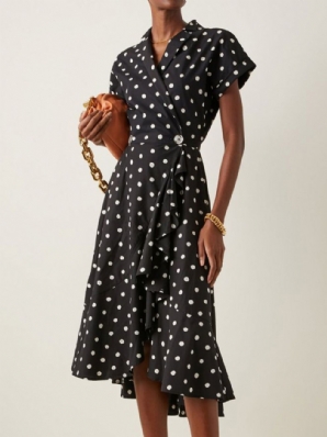 Elegantes Polka Dots Revers Date Kurzarmkleid