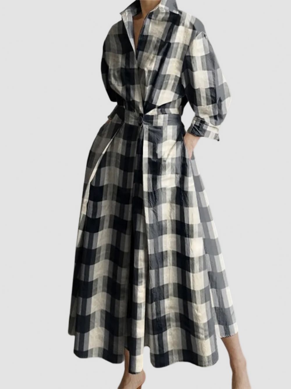 Regular Fit Urban Plaid Langarm-Midikleid