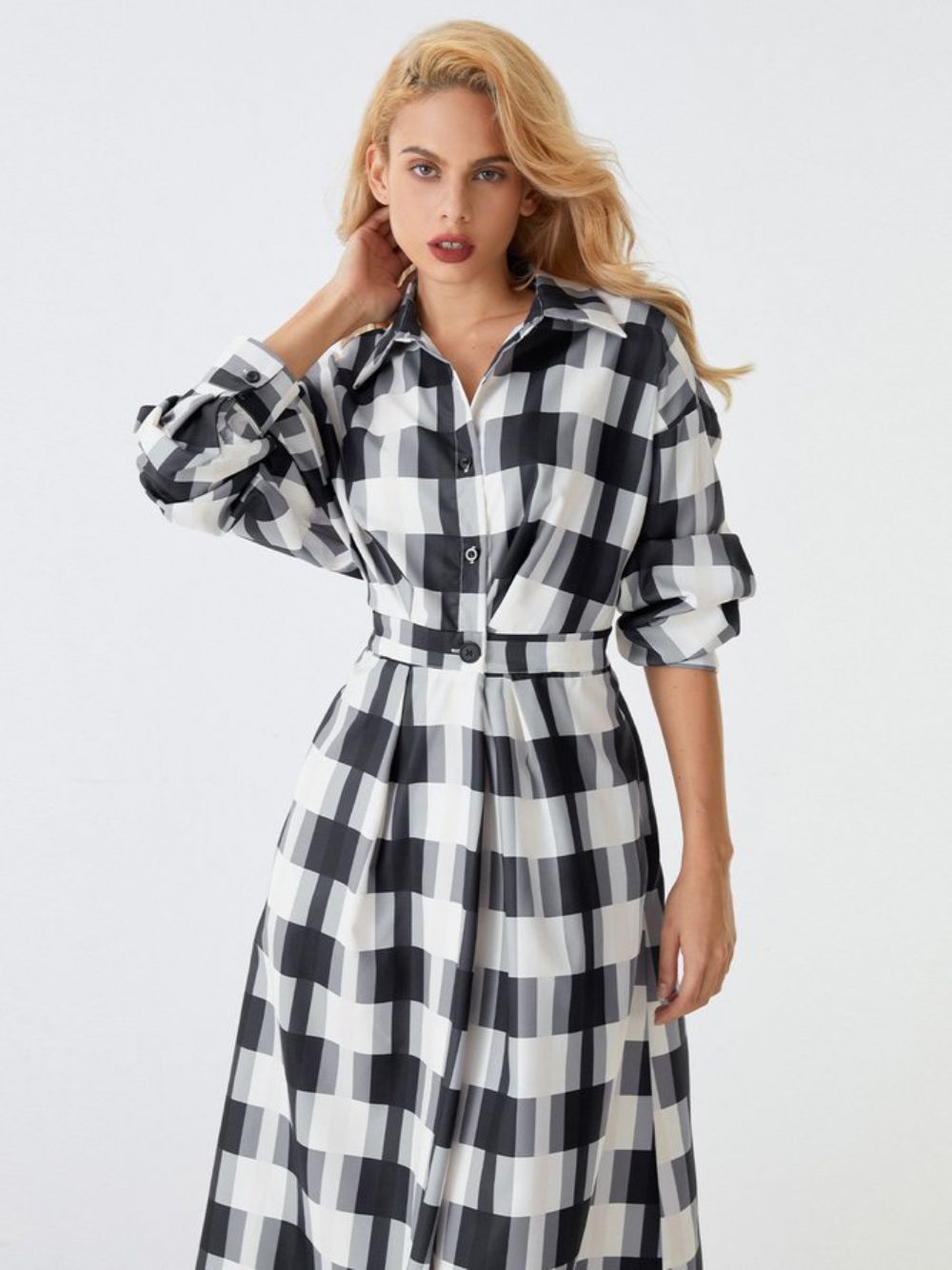 Regular Fit Urban Plaid Langarm-Midikleid