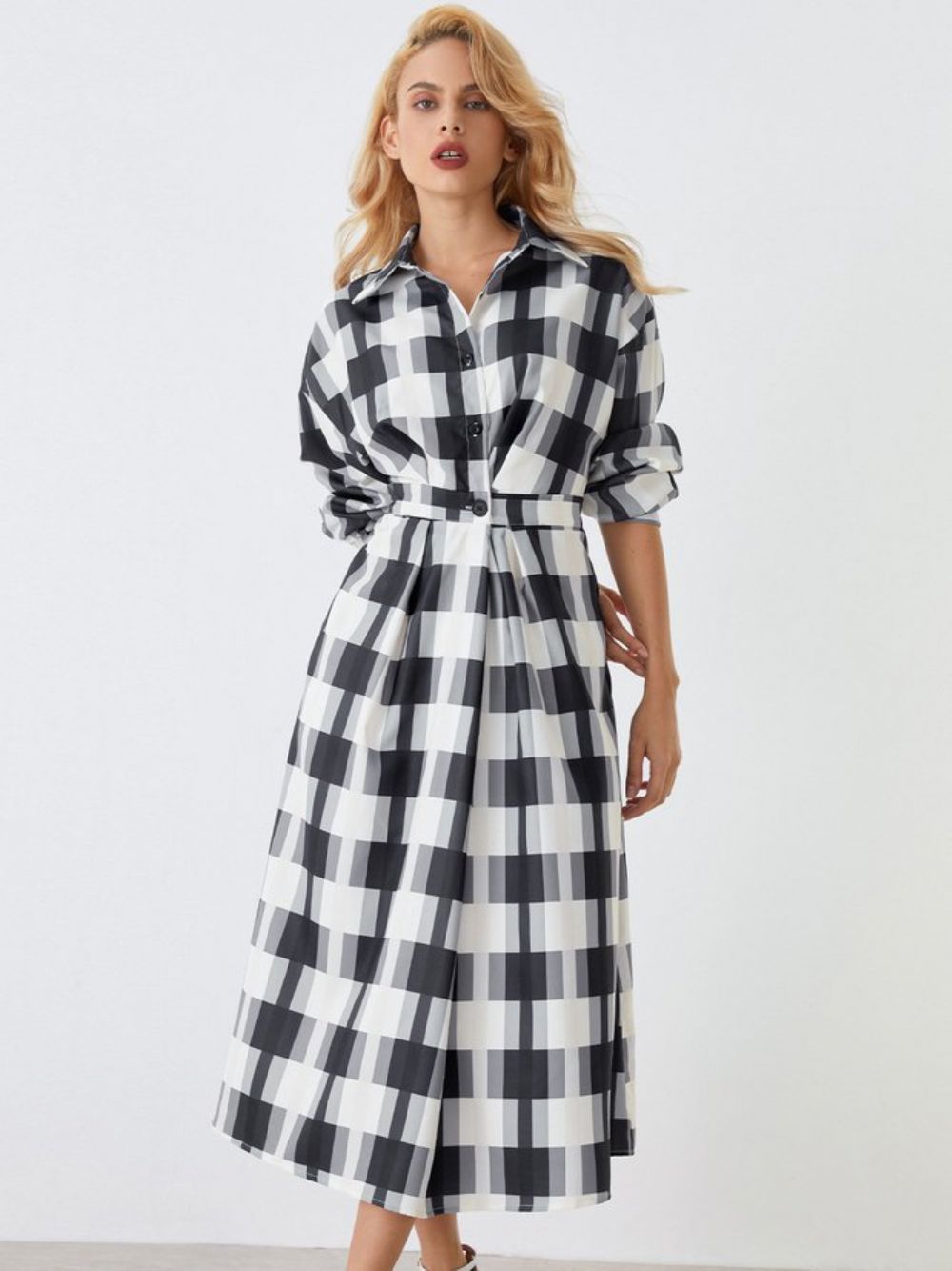 Regular Fit Urban Plaid Langarm-Midikleid