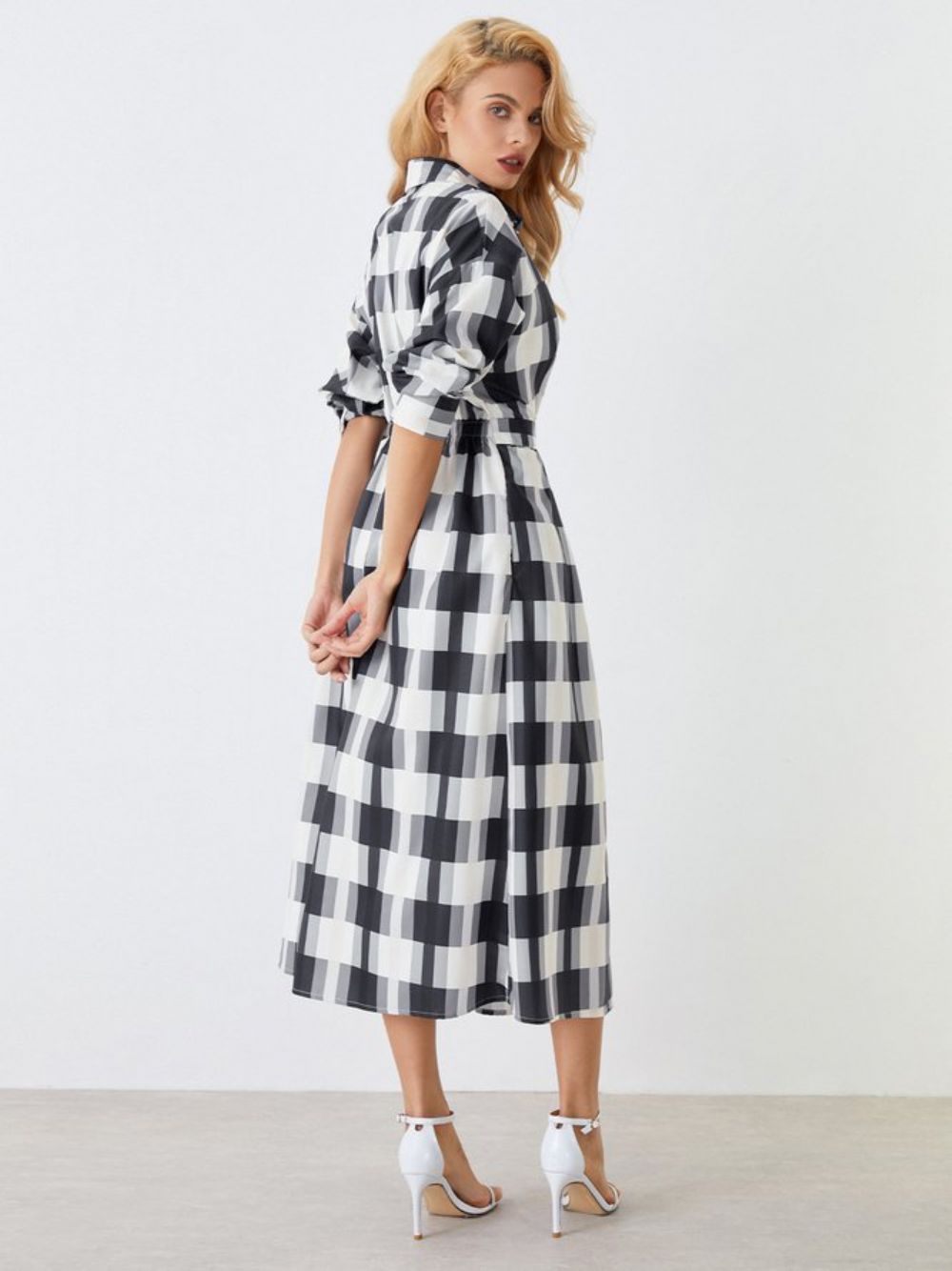 Regular Fit Urban Plaid Langarm-Midikleid