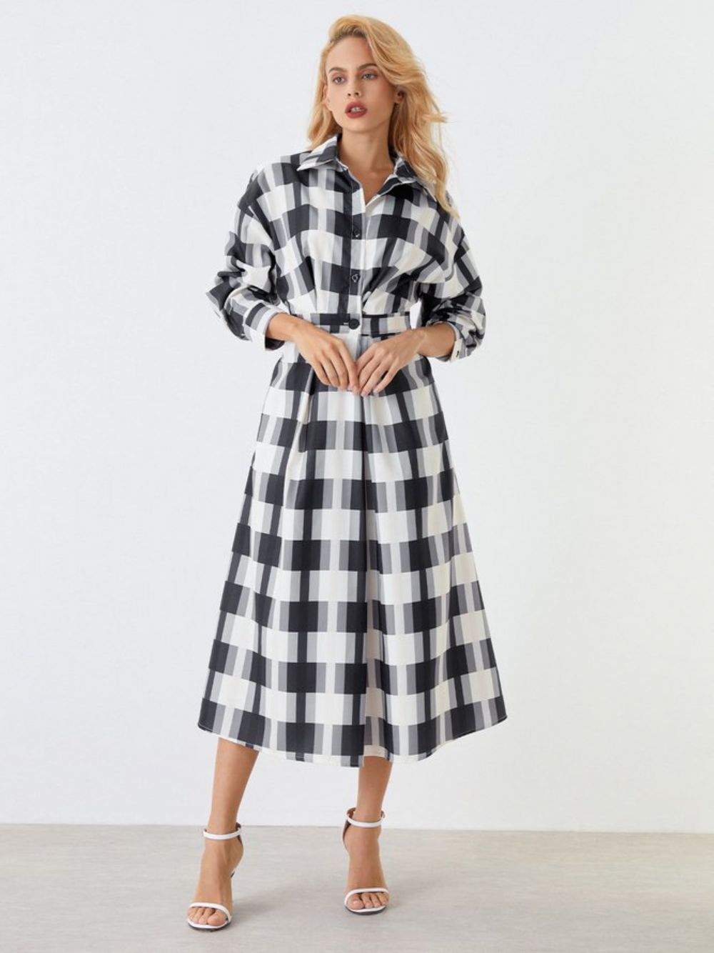 Regular Fit Urban Plaid Langarm-Midikleid