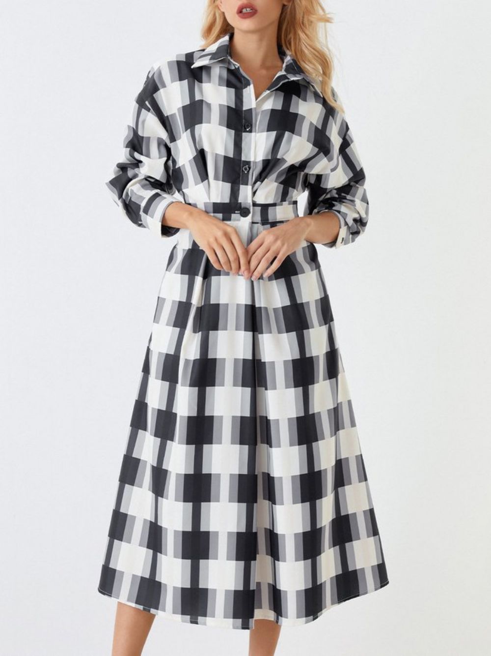 Regular Fit Urban Plaid Langarm-Midikleid