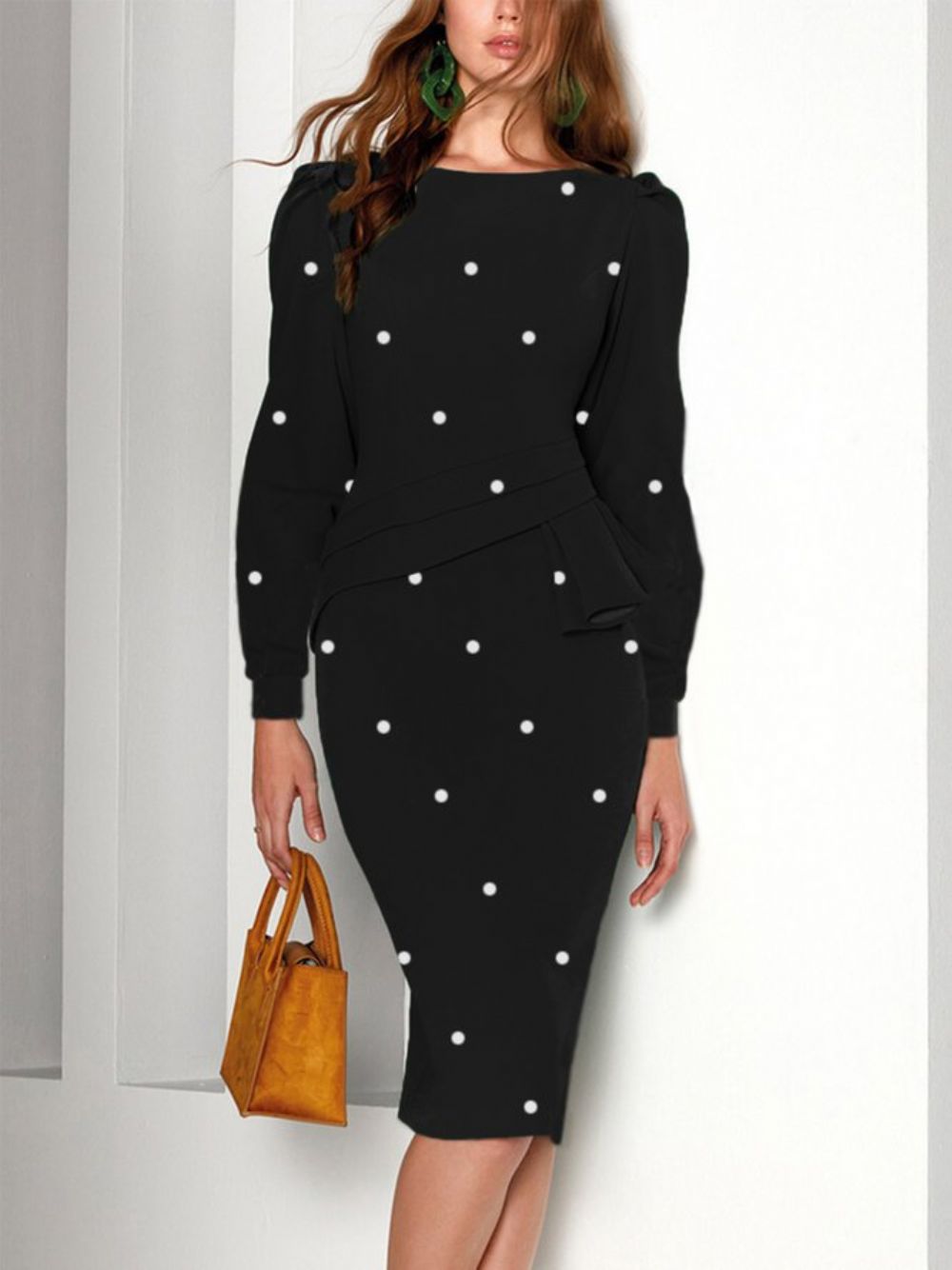 Urban Langarm Polka Dots Knielanges Kleid Mit Rundhalsausschnitt