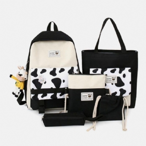 5 Pcs Canvas Preppy Cow Pattern Multifunktions-Kombinationstasche Rucksack Tote Crossbody Bag Clutch Wallet