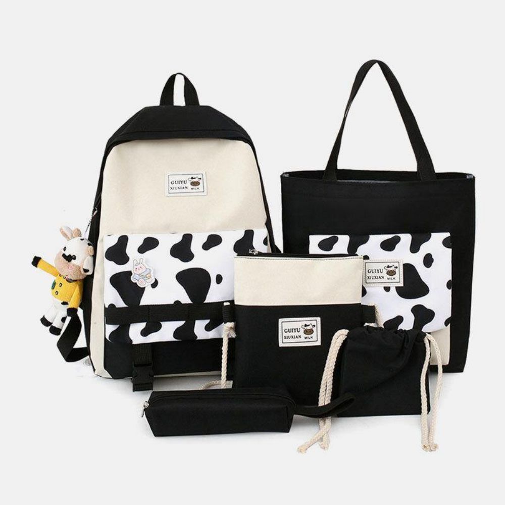 5 Pcs Canvas Preppy Cow Pattern Multifunktions-Kombinationstasche Rucksack Tote Crossbody Bag Clutch Wallet