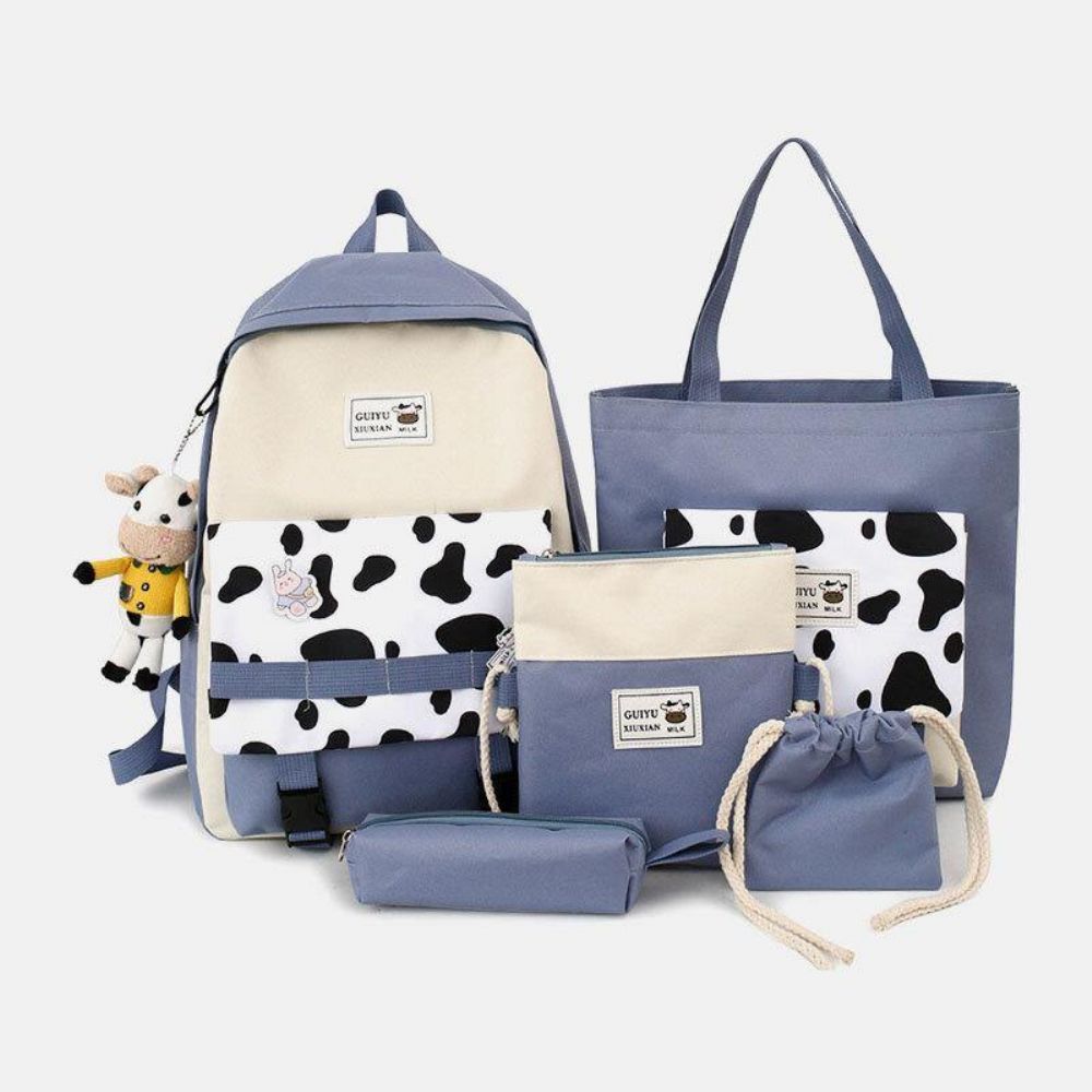 5 Pcs Canvas Preppy Cow Pattern Multifunktions-Kombinationstasche Rucksack Tote Crossbody Bag Clutch Wallet