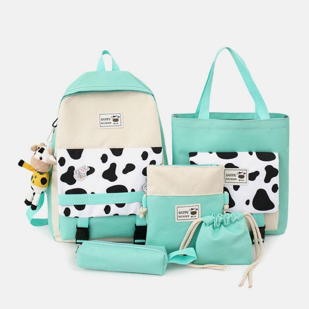 5 Pcs Canvas Preppy Cow Pattern Multifunktions-Kombinationstasche Rucksack Tote Crossbody Bag Clutch Wallet