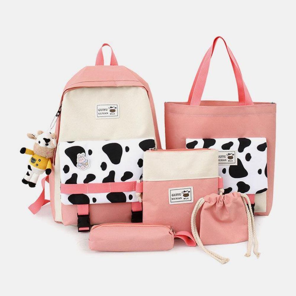 5 Pcs Canvas Preppy Cow Pattern Multifunktions-Kombinationstasche Rucksack Tote Crossbody Bag Clutch Wallet