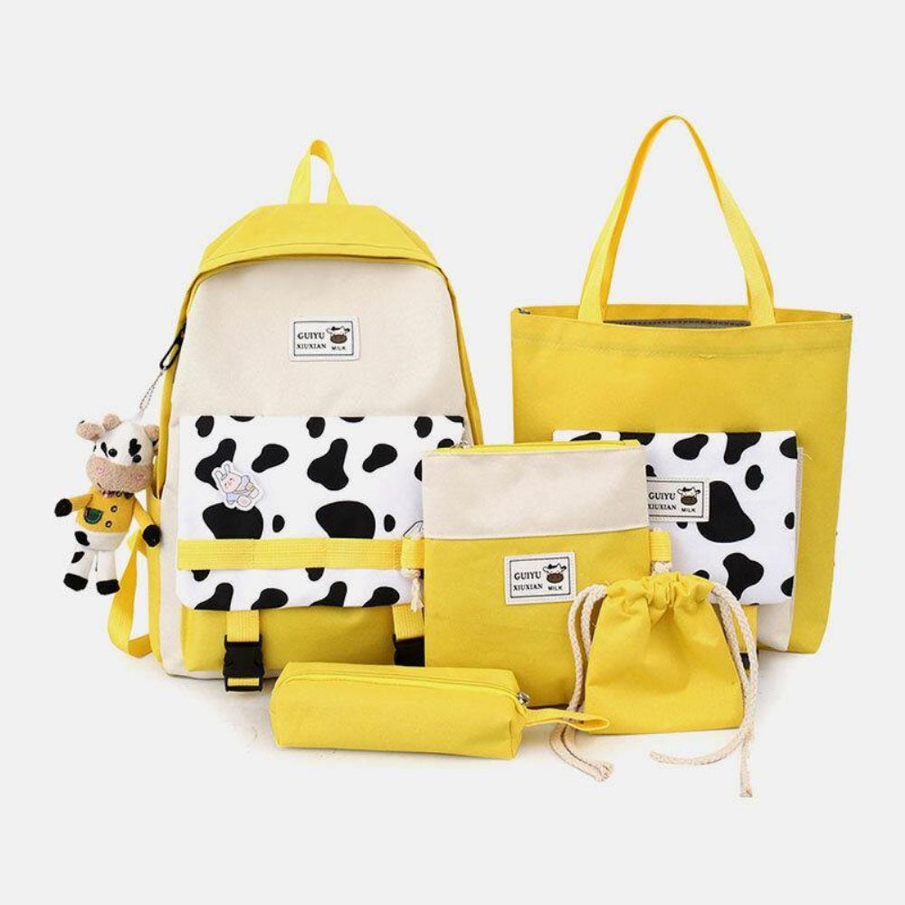 5 Pcs Canvas Preppy Cow Pattern Multifunktions-Kombinationstasche Rucksack Tote Crossbody Bag Clutch Wallet