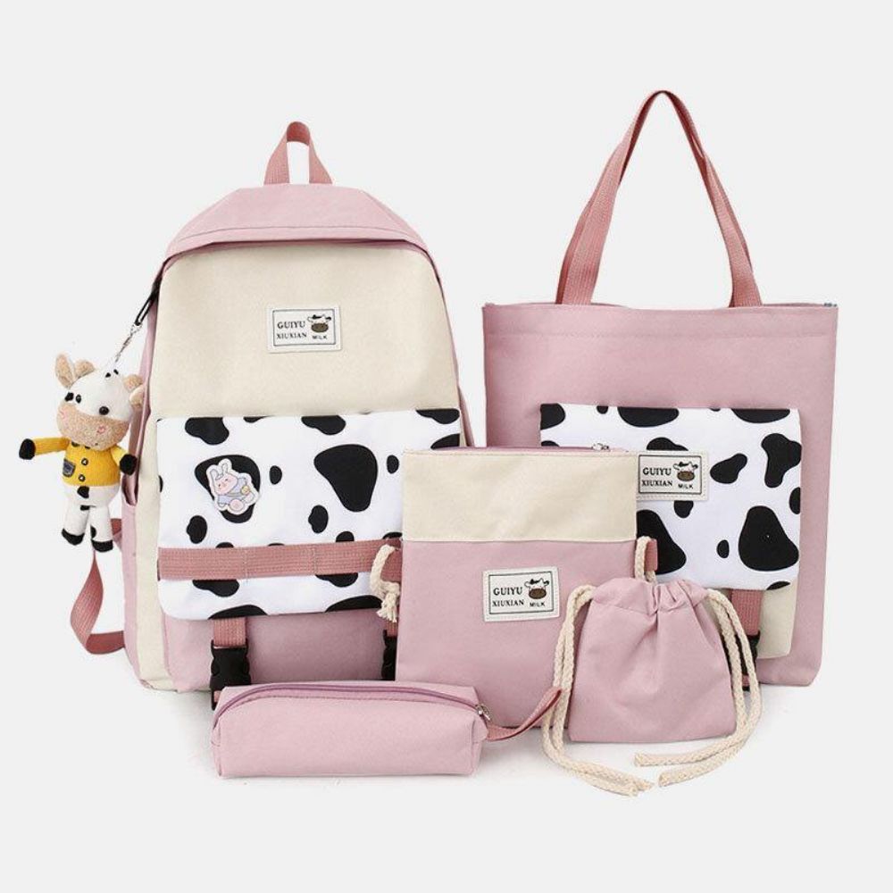 5 Pcs Canvas Preppy Cow Pattern Multifunktions-Kombinationstasche Rucksack Tote Crossbody Bag Clutch Wallet