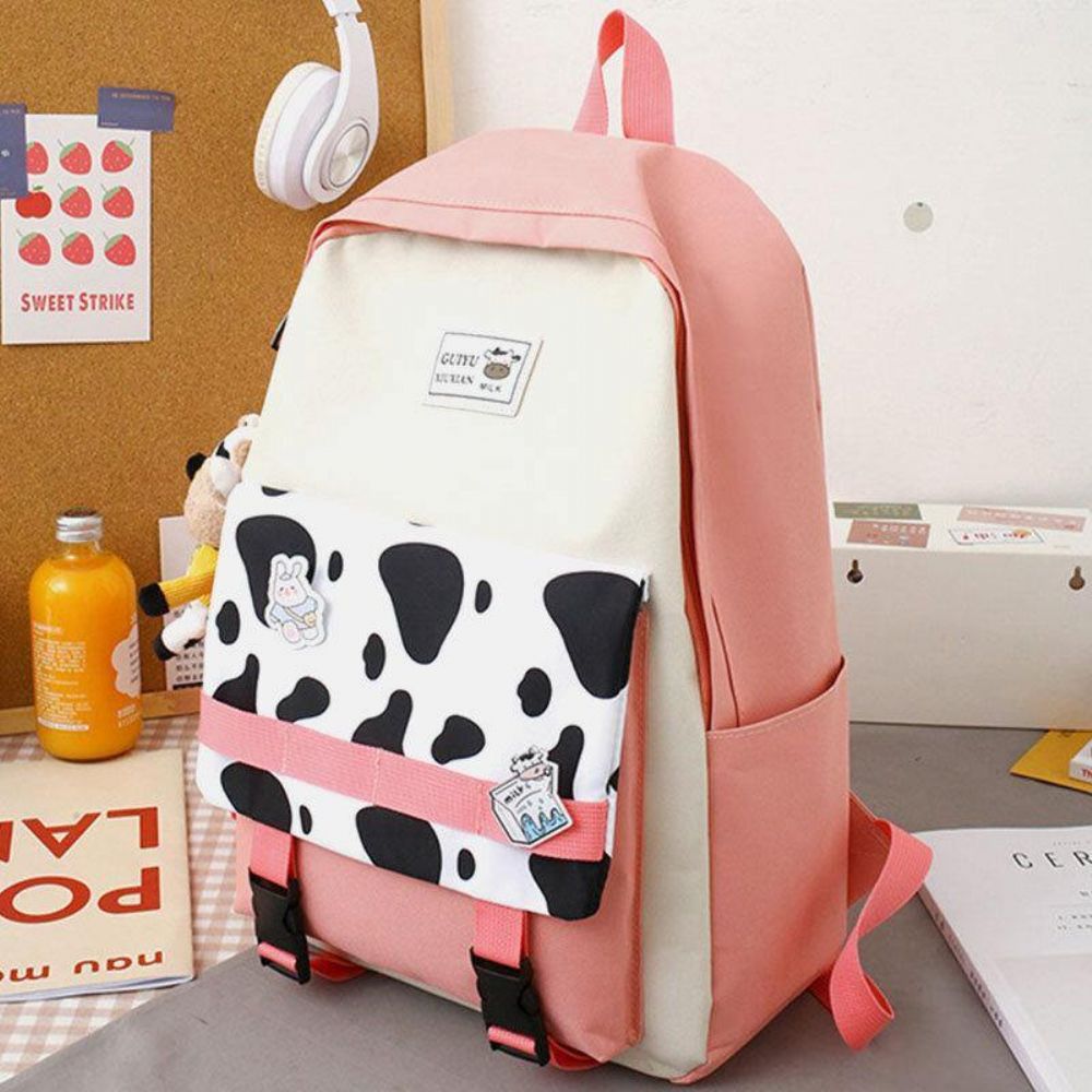 5 Pcs Canvas Preppy Cow Pattern Multifunktions-Kombinationstasche Rucksack Tote Crossbody Bag Clutch Wallet