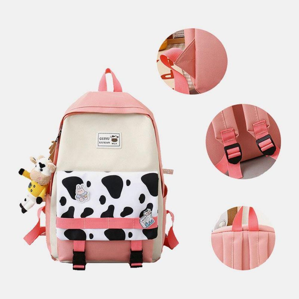 5 Pcs Canvas Preppy Cow Pattern Multifunktions-Kombinationstasche Rucksack Tote Crossbody Bag Clutch Wallet