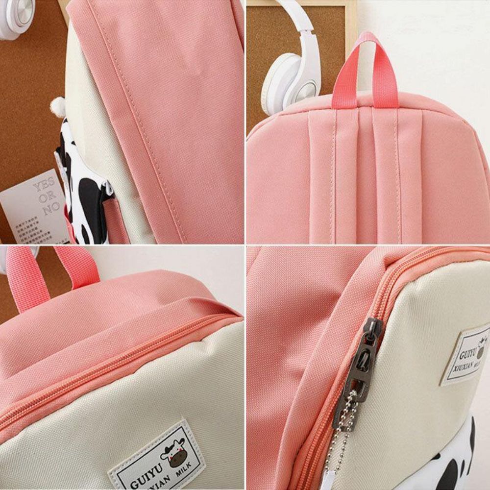 5 Pcs Canvas Preppy Cow Pattern Multifunktions-Kombinationstasche Rucksack Tote Crossbody Bag Clutch Wallet