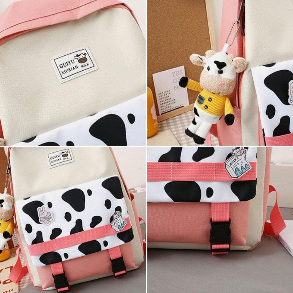 5 Pcs Canvas Preppy Cow Pattern Multifunktions-Kombinationstasche Rucksack Tote Crossbody Bag Clutch Wallet