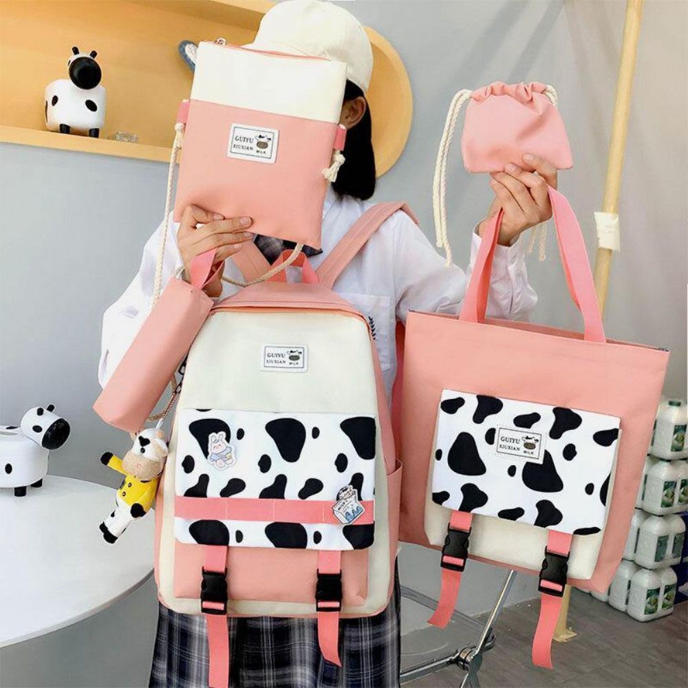 5 Pcs Canvas Preppy Cow Pattern Multifunktions-Kombinationstasche Rucksack Tote Crossbody Bag Clutch Wallet