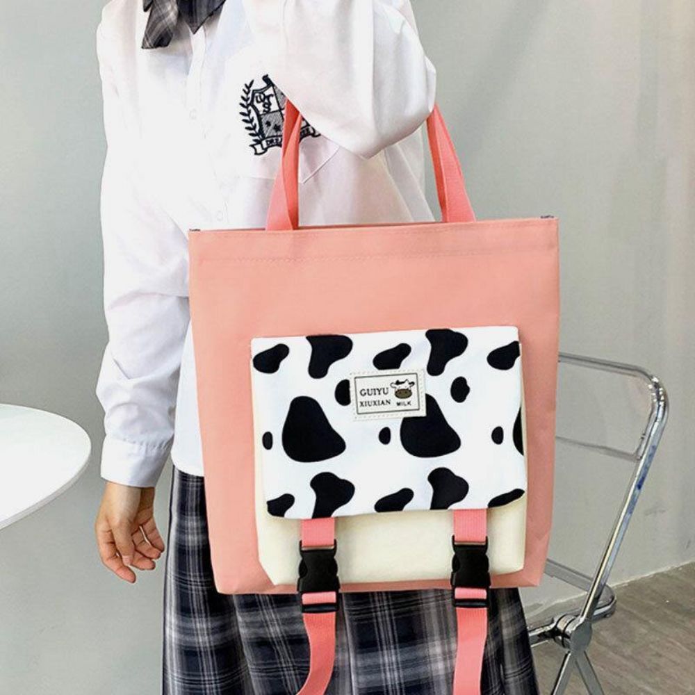 5 Pcs Canvas Preppy Cow Pattern Multifunktions-Kombinationstasche Rucksack Tote Crossbody Bag Clutch Wallet