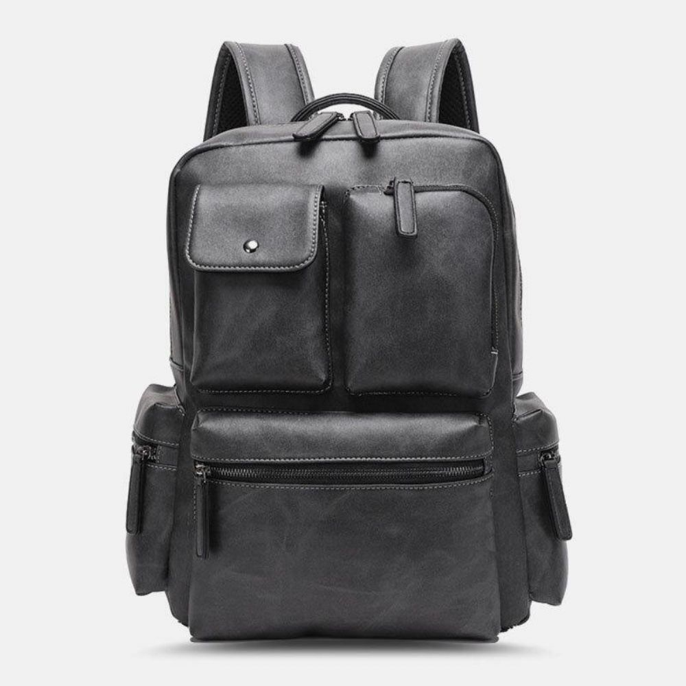 Atmungsaktiver Rucksack Aus Pu-Leder Mit Mehreren Taschen Retro Große Kapazität 14-Zoll-Laptoptasche