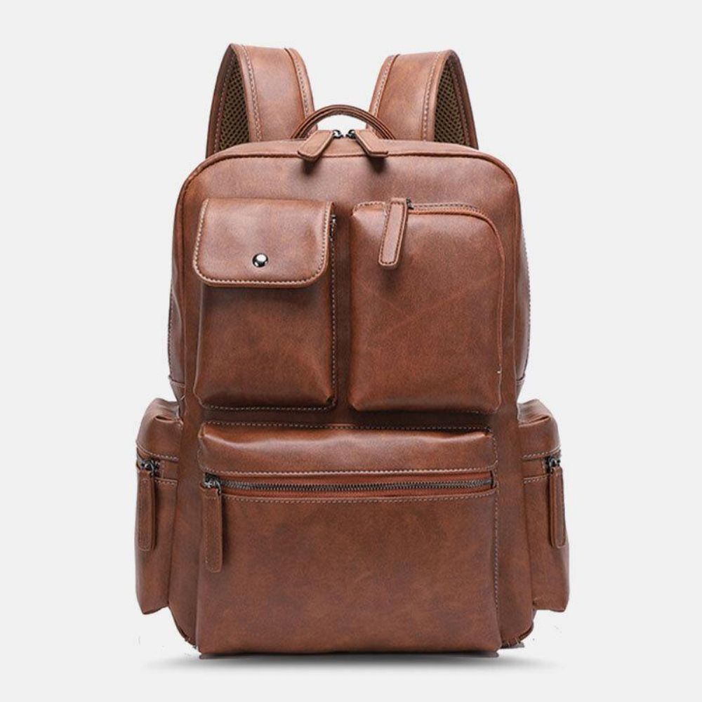 Atmungsaktiver Rucksack Aus Pu-Leder Mit Mehreren Taschen Retro Große Kapazität 14-Zoll-Laptoptasche