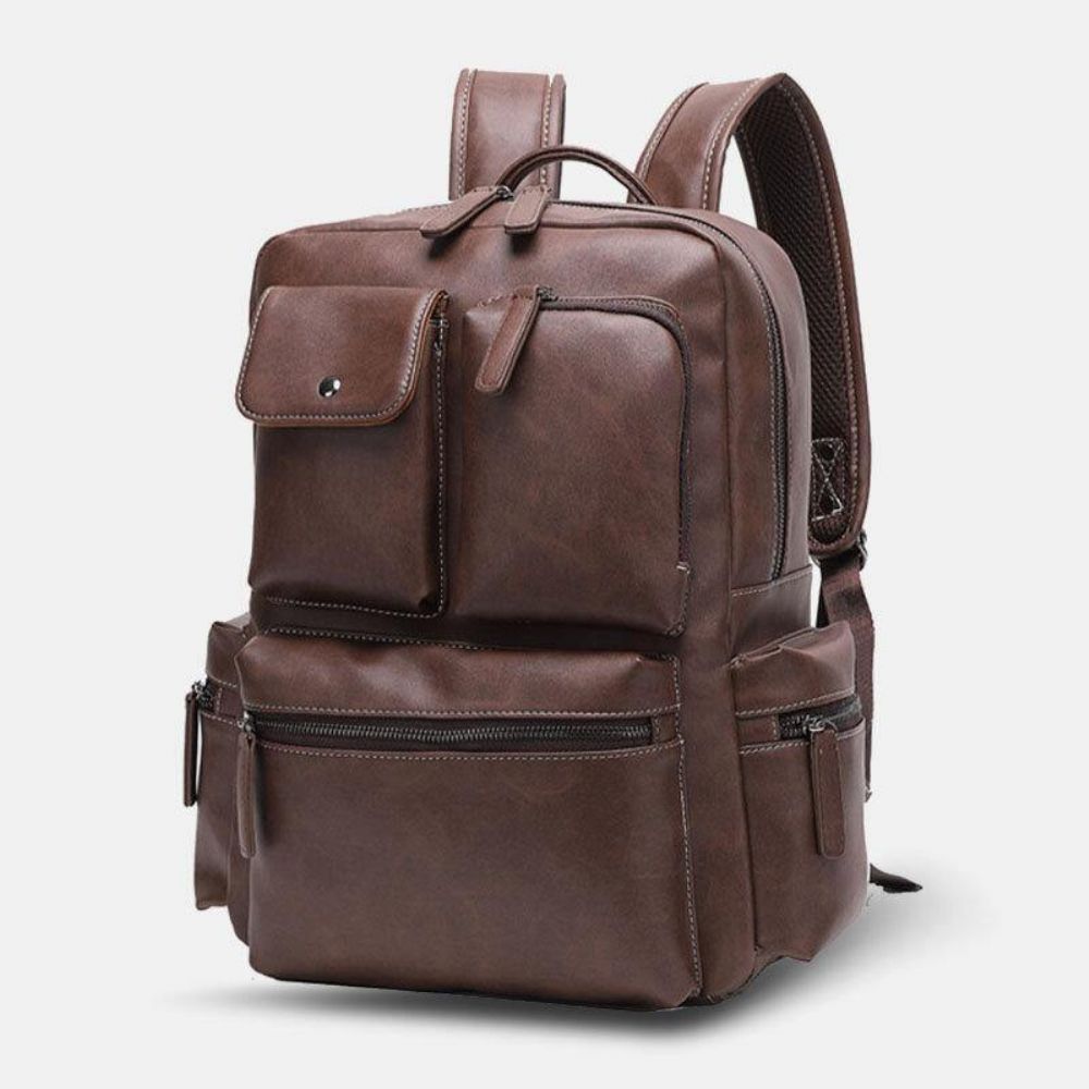 Atmungsaktiver Rucksack Aus Pu-Leder Mit Mehreren Taschen Retro Große Kapazität 14-Zoll-Laptoptasche