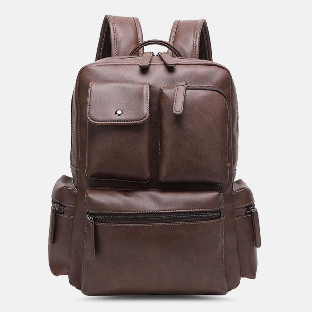 Atmungsaktiver Rucksack Aus Pu-Leder Mit Mehreren Taschen Retro Große Kapazität 14-Zoll-Laptoptasche