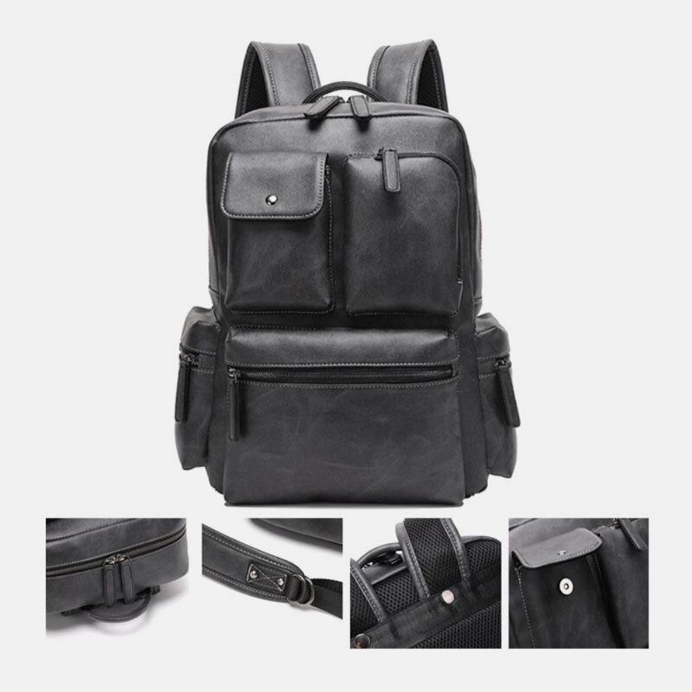 Atmungsaktiver Rucksack Aus Pu-Leder Mit Mehreren Taschen Retro Große Kapazität 14-Zoll-Laptoptasche