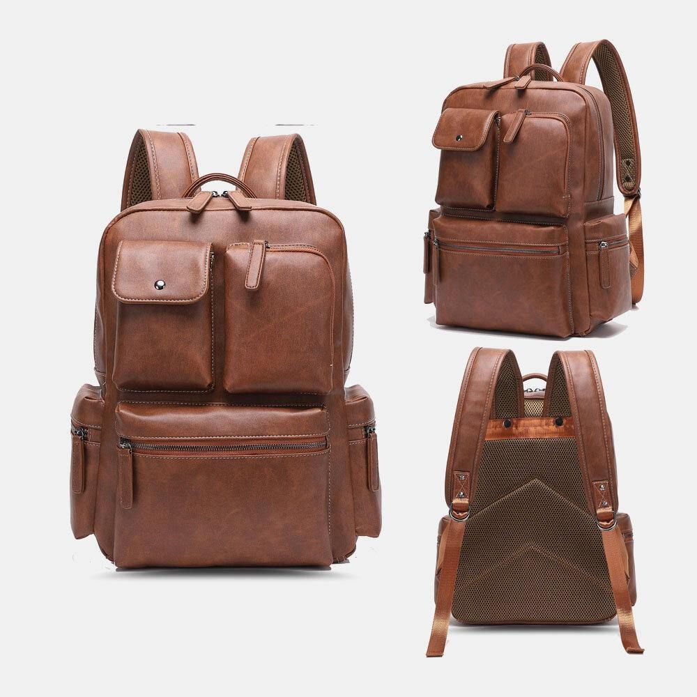 Atmungsaktiver Rucksack Aus Pu-Leder Mit Mehreren Taschen Retro Große Kapazität 14-Zoll-Laptoptasche