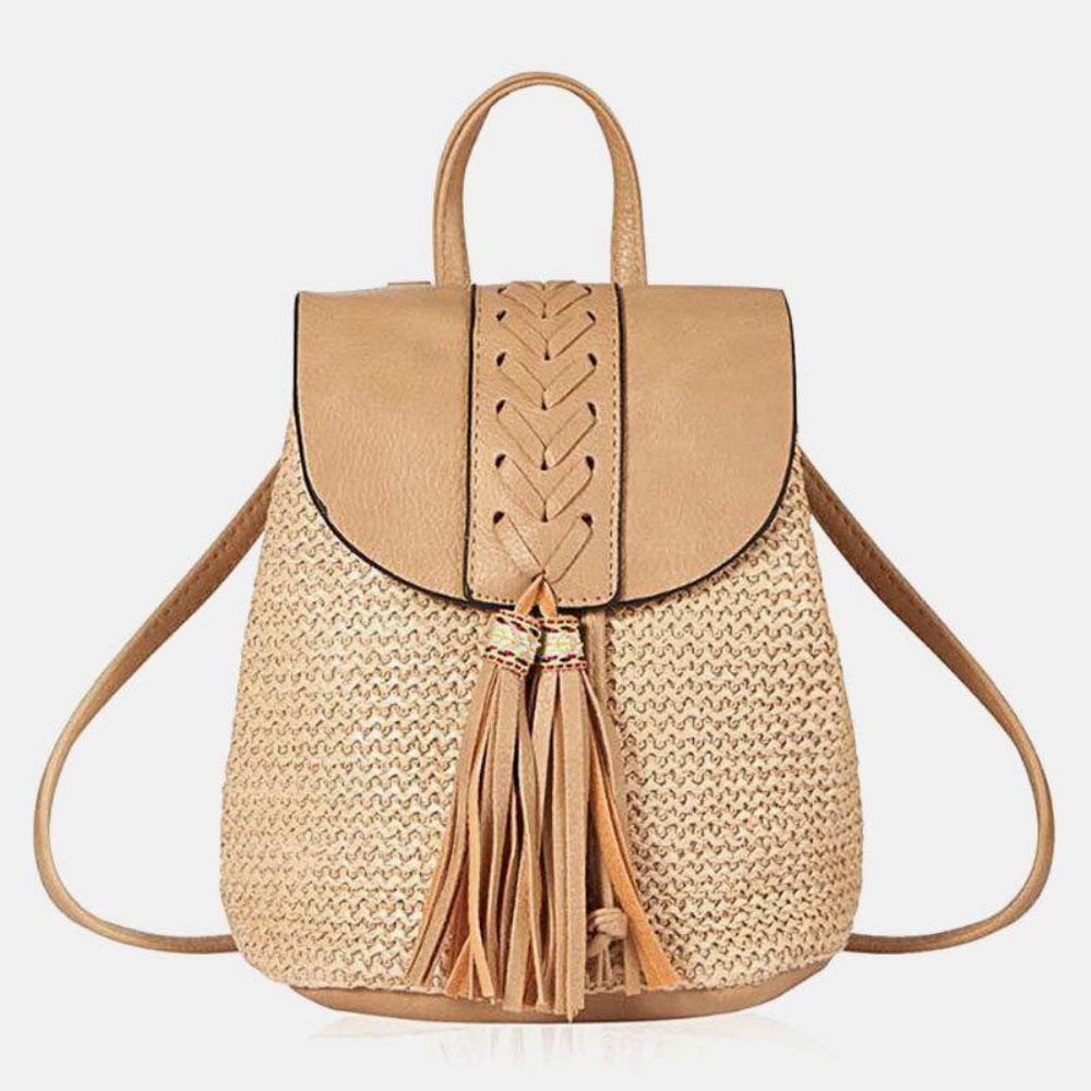 Damen Quaste Strohtasche Retro Strandtasche Rucksack Bucket Bag