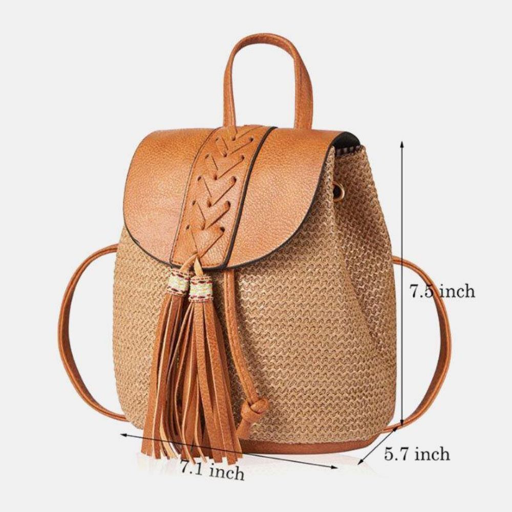 Damen Quaste Strohtasche Retro Strandtasche Rucksack Bucket Bag