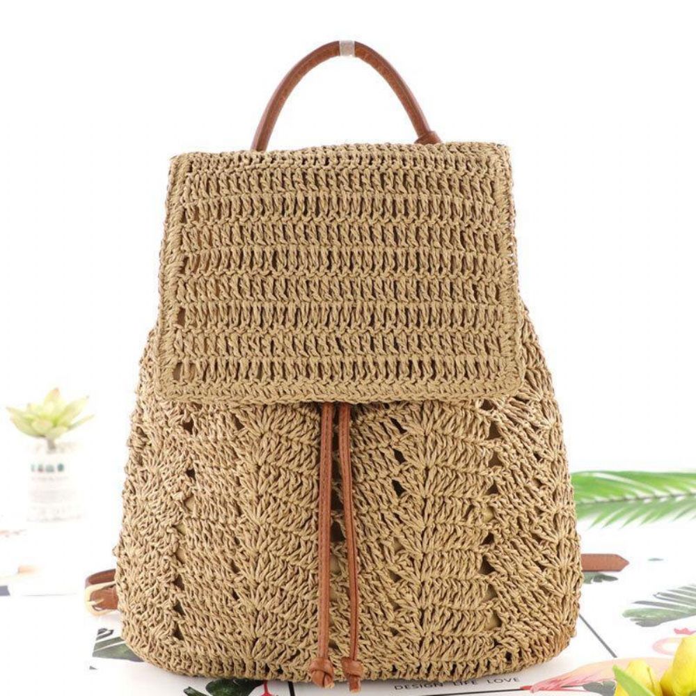 Frauen Mori Series String Straw Bag Dual-Use Woven Bag Retro Beach Bag Rucksack