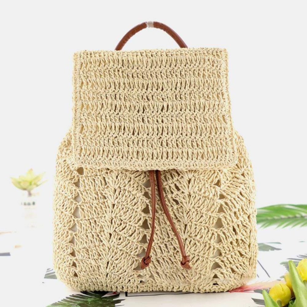 Frauen Mori Series String Straw Bag Dual-Use Woven Bag Retro Beach Bag Rucksack