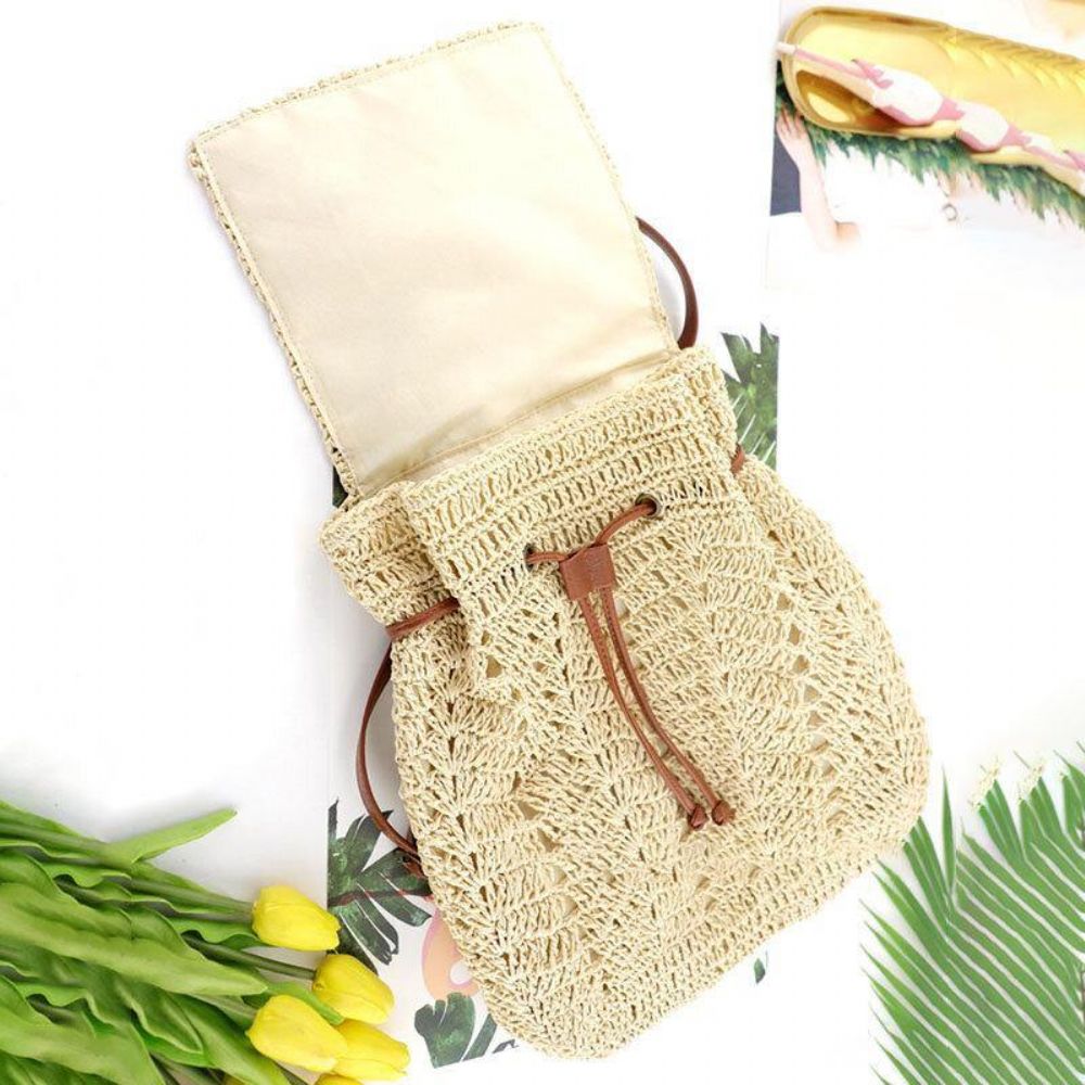 Frauen Mori Series String Straw Bag Dual-Use Woven Bag Retro Beach Bag Rucksack