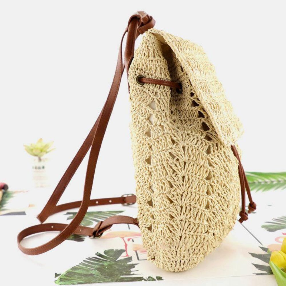 Frauen Mori Series String Straw Bag Dual-Use Woven Bag Retro Beach Bag Rucksack