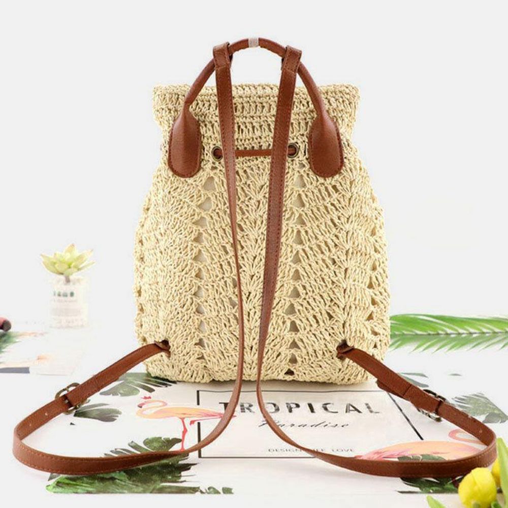 Frauen Mori Series String Straw Bag Dual-Use Woven Bag Retro Beach Bag Rucksack