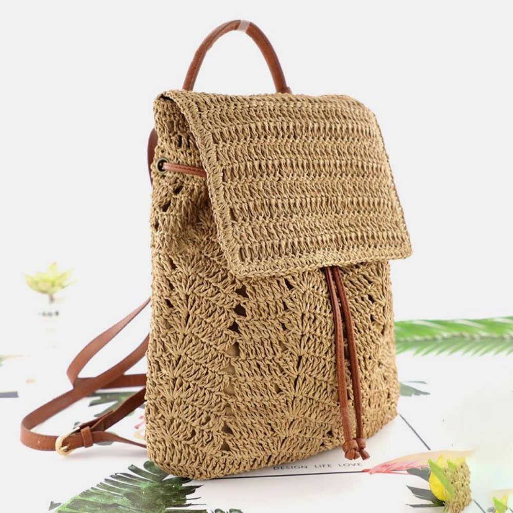 Frauen Mori Series String Straw Bag Dual-Use Woven Bag Retro Beach Bag Rucksack